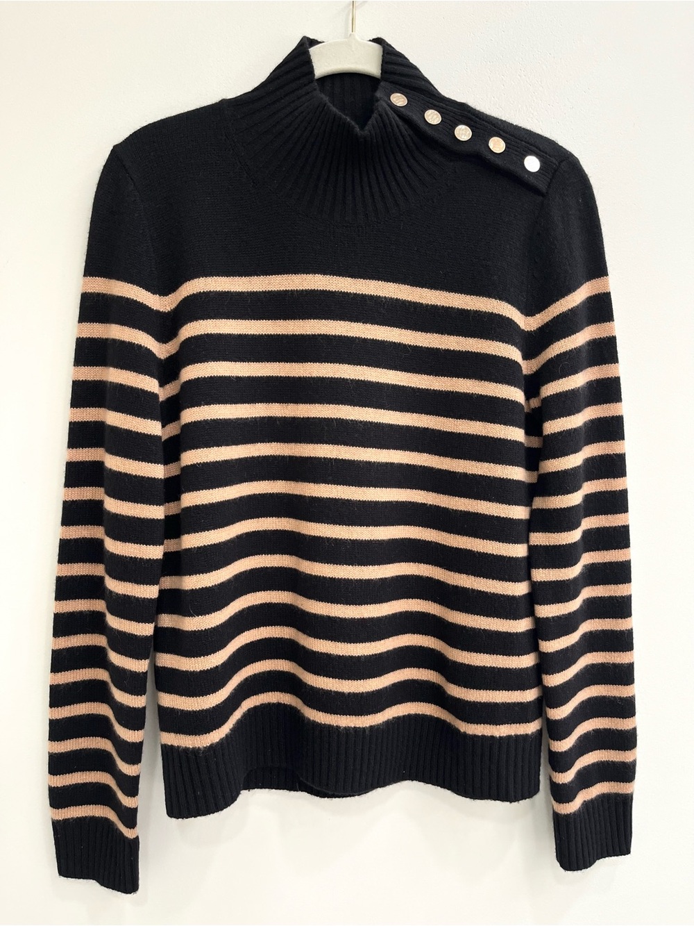 Maje Montsi Black Tan Striped 100% Cashmere Gold Snap Side Mock Neck Sweater